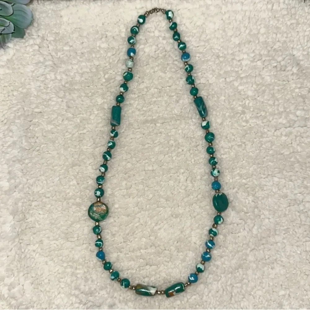 BLUE GREEN GOLD MARBLE TONES WOODEN NECKLACE